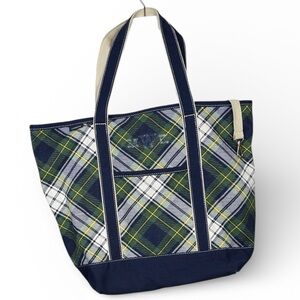 Lands End Plaid Blue Green White Large Size Bucket Tote Beach Travel Car Bag